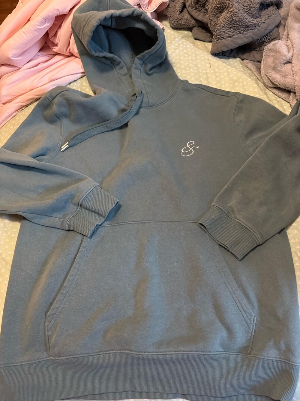 H&M Men's Teal Green Pullover Hoodie with Small Embroidered Logo